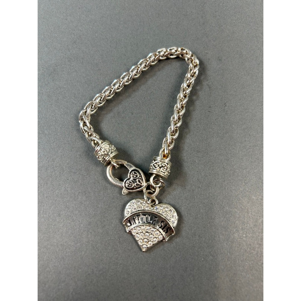 Silver Tone Little Sis Heart Charm Bracelet Rhinestone Wheat Chain 7.5 Inch